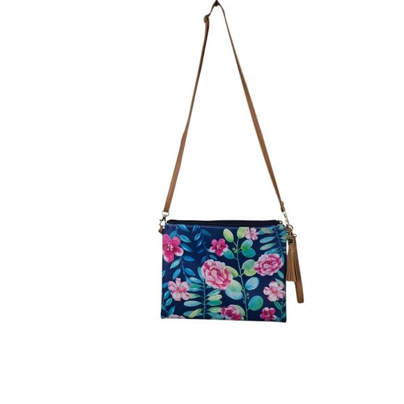 L.I. B. New York Handbags - L.I.B. New York Crossbody Blue Floral Wrislet Zip Clouser Purse Tassel Bohemian
